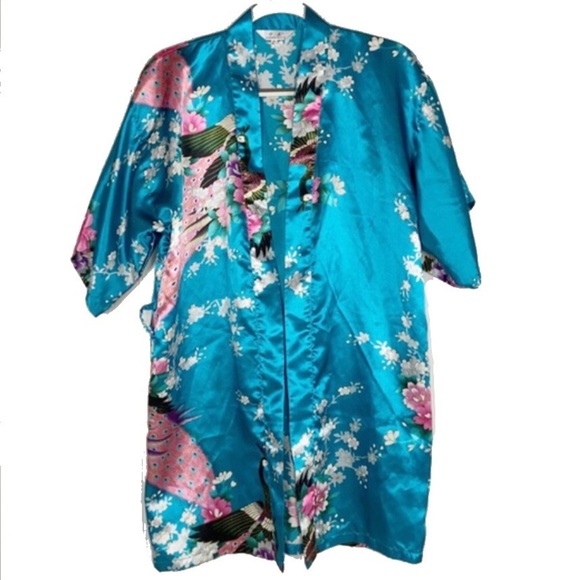 Zhong Sang 100% Satin Silky Kimono Duster Robe Open Front Floral Peacock Design - Picture 1 of 14